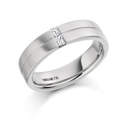 Satin Finish Mens Flat Court Wedding Ring With Two Baguette Cut Diamonds