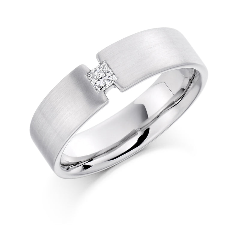 Mens Flat Court Wedding Ring With Matte Finish and Single Princess Cut Diamond