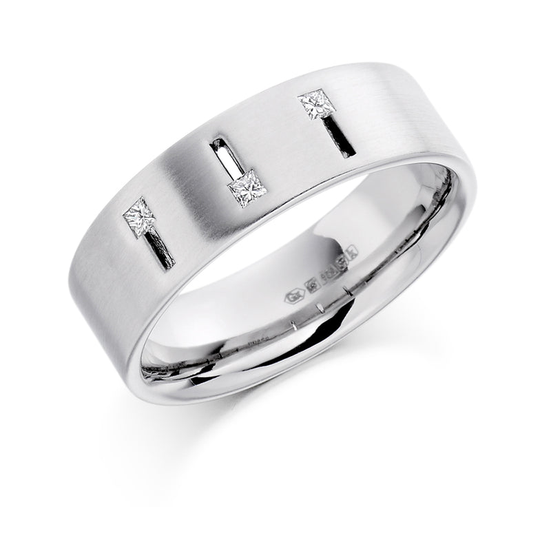Mens Flat Court Wedding Ring With Cut Out Pattern and Three Princess Cut Diamonds