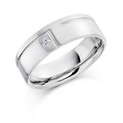 Mens Flat Court Wedding Ring With a Satin Finish, Groove Pattern and Single Princess Cut Diamond