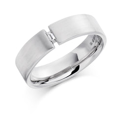 Mens Satin Finish Flat Court Wedding Ring With Single Tension Set Baguette Cut Diamond