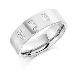 Gents Flat Court Wedding Ring With Matte Finish and Three Baguette Cut Diamonds