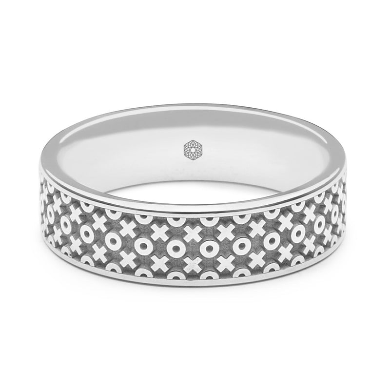 Horizontal Shot of Mens 9ct White Gold Flat Court ShapeWedding Ring With X's and O's Pattern