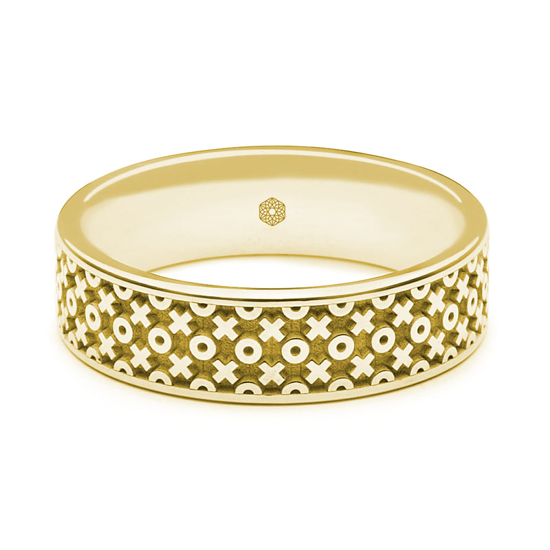 Horizontal Shot of Mens 18ct Yellow Gold Flat Court ShapeRing With X's and O's Pattern