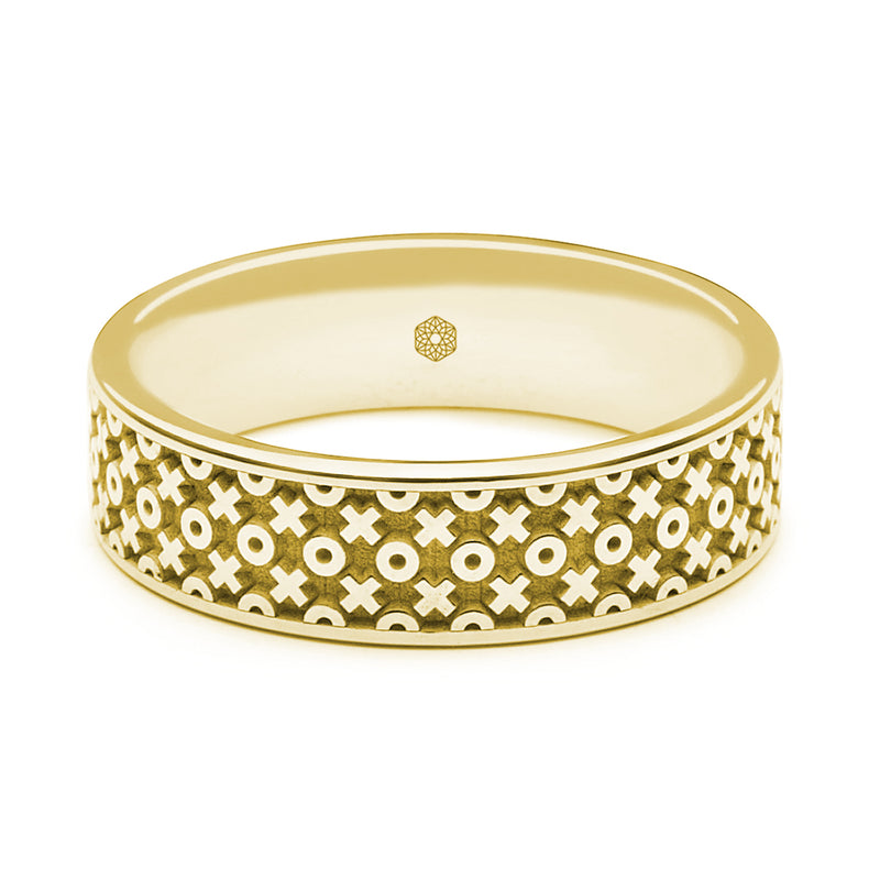 Horizontal Shot of Mens 18ct Yellow Gold Flat Court Shape Ring With X's and O's Pattern