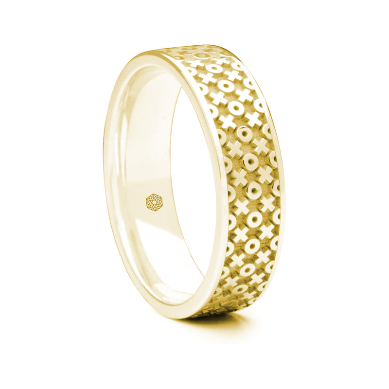 Mens 18ct Yellow Gold Flat Court ShapeRing With X's and O's Pattern