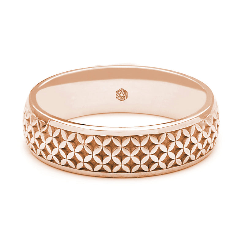 Horizontal Shot of Mens 9ct Rose Gold Court Shape Wedding Ring With Geometric Pattern