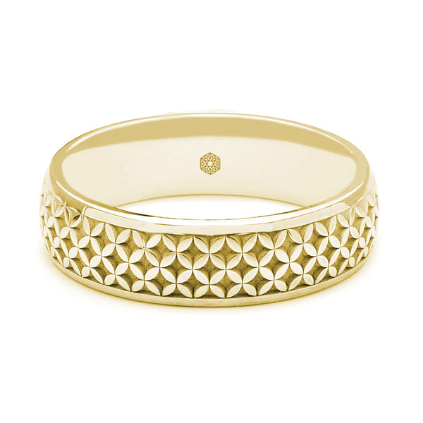 Horizontal Shot of Mens 9ct Yellow Gold Court Shape Wedding Ring With Geometric Pattern