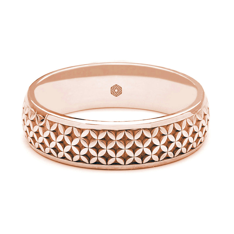 Horizontal Shot of Mens 18ct Rose Gold Court Shape Wedding Ring With Geometric Pattern