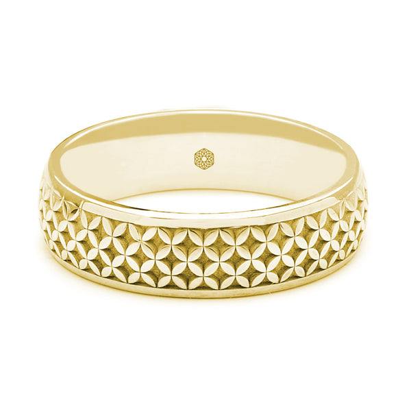 Horizontal Shot of Mens 18ct Yellow Gold Court Shape Ring With Geometric Pattern