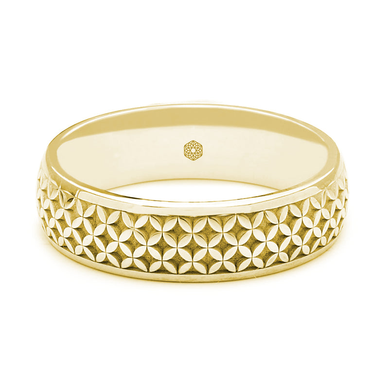 Horizontal Shot of Mens 18ct Yellow Gold Court Shape Ring With Geometric Pattern