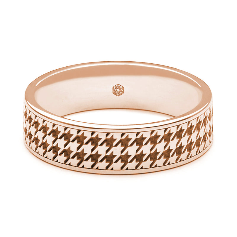 Horizontal Shot of Mens 9ct Rose Gold Flat Court Shape Wedding Ring With Dogtooth Pattern
