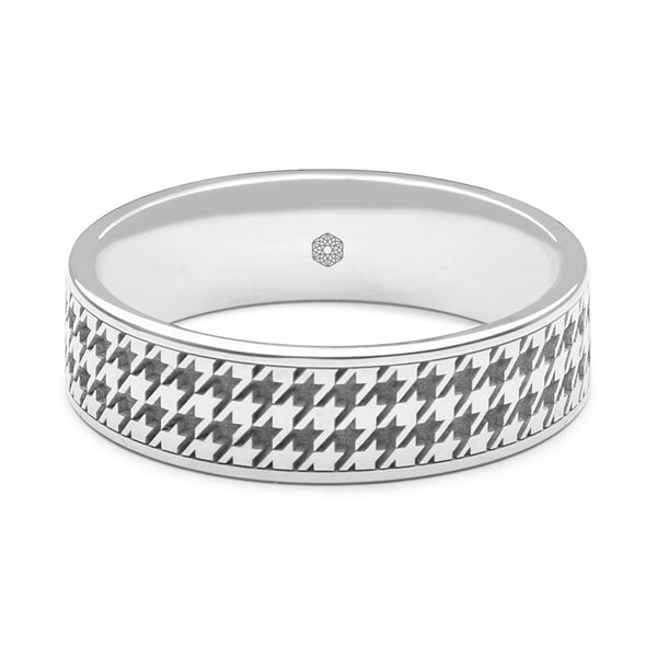 Horizontal Shot of Mens 9ct White Gold Flat Court Shape Wedding Ring With Dogtooth Pattern