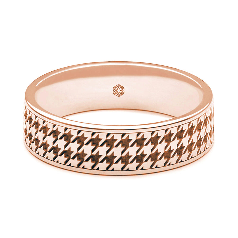 Horizontal Shot of Mens 18ct Rose Gold Flat Court Shape Wedding Ring With Houndstooth Pattern