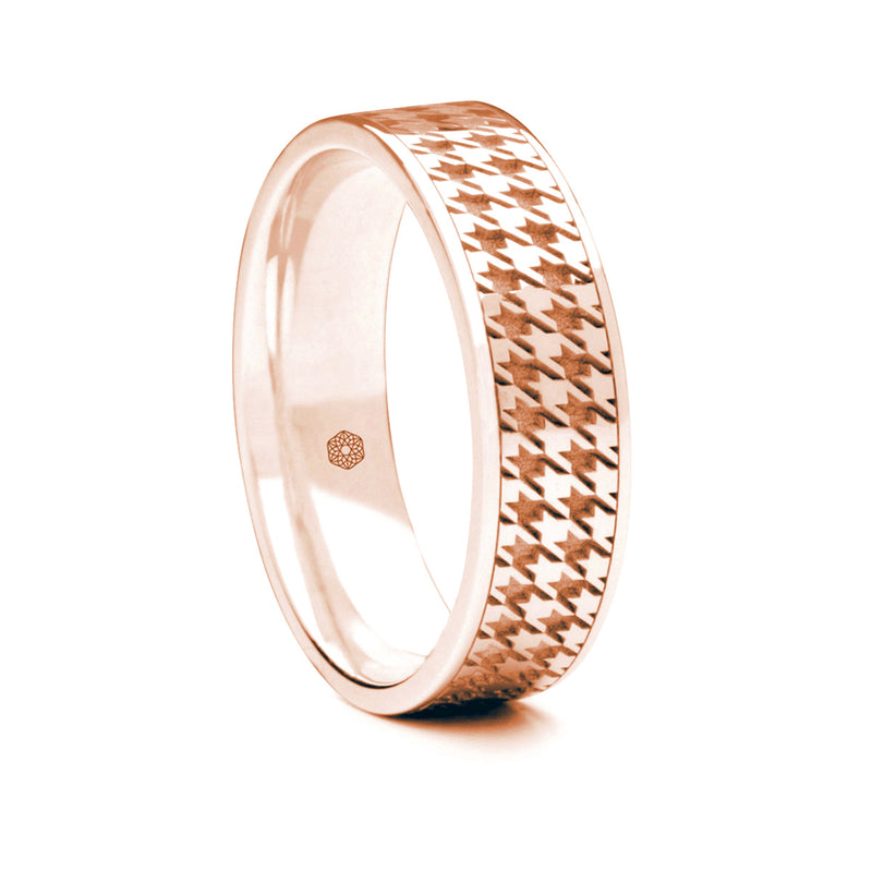 Mens 18ct Rose Gold Flat Court Shape Wedding Ring With Houndstooth Pattern