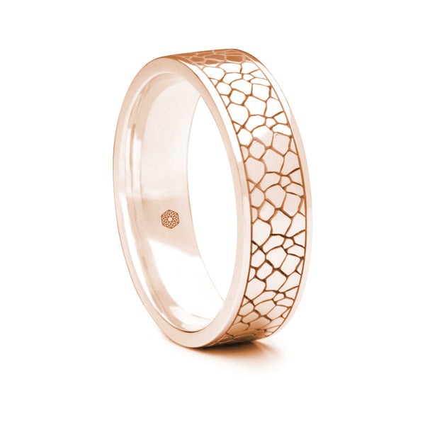 Mens 9ct Rose Gold Flat Court Shape Wedding Ring With Crackle Pattern