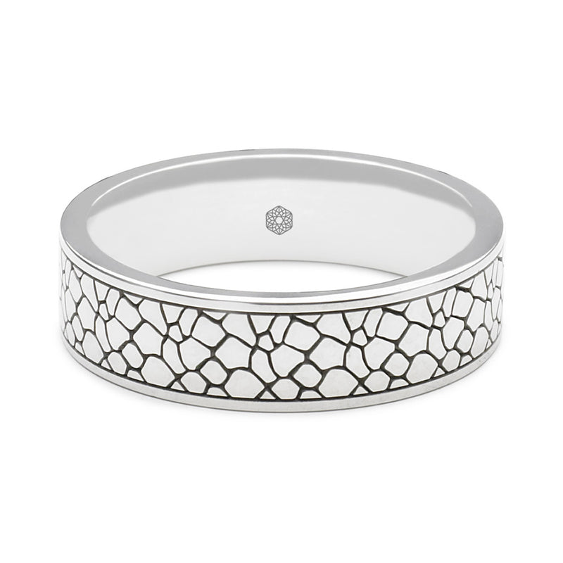 Horizontal Shot of Mens 9ct White Gold Flat Court ShapeWedding Ring With Crackle Pattern