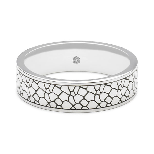 Horizontal Shot of Mens 9ct White Gold Flat Court Shape Wedding Ring With Crackle Pattern