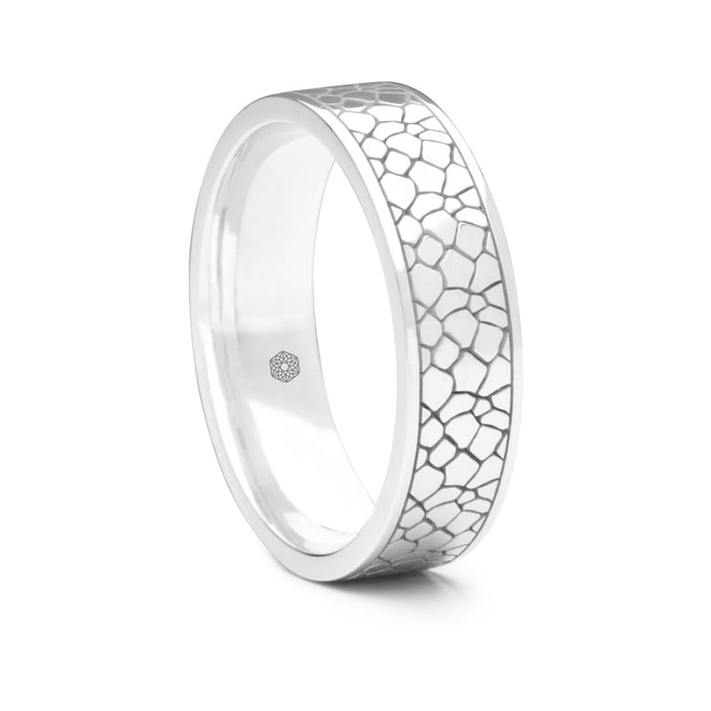 Mens 9ct White Gold Flat Court ShapeWedding Ring With Crackle Pattern