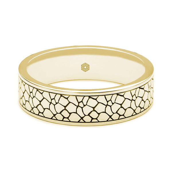 Horizontal Shot of Mens 9ct Yellow Gold Flat Court Shape Wedding Ring With Crackle Pattern