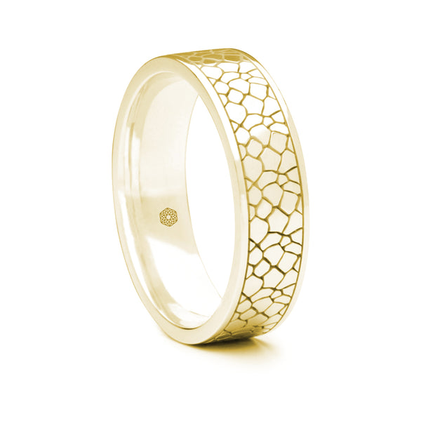 Mens 9ct Yellow Gold Flat Court Shape Wedding Ring With Crackle Pattern