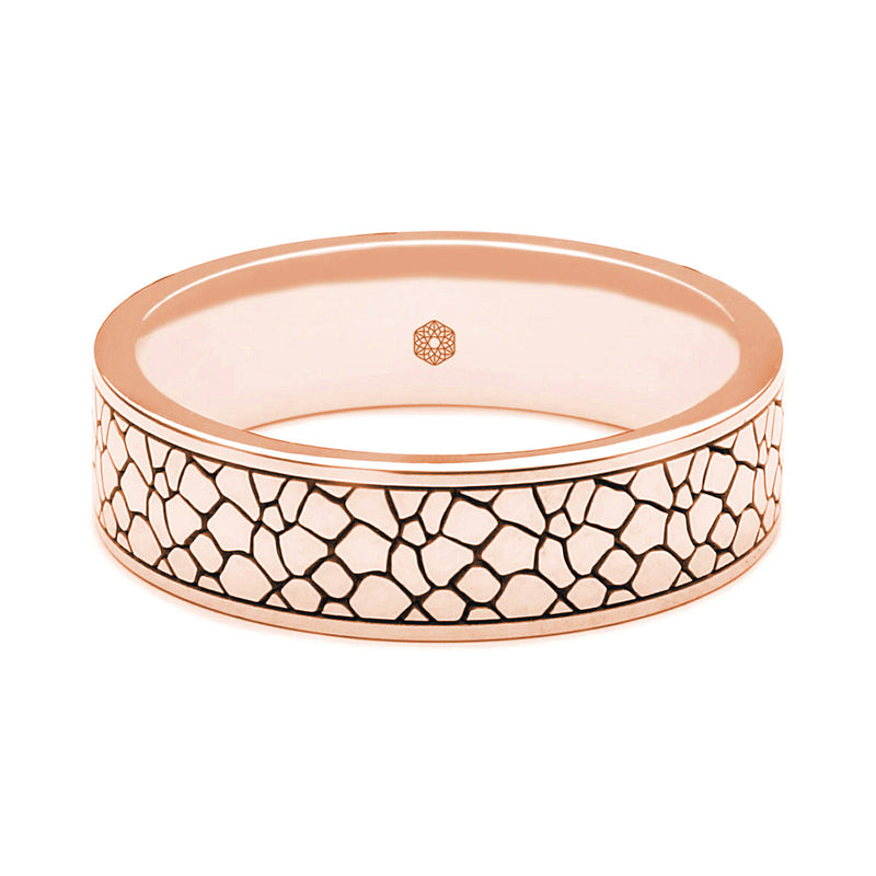 Horizontal Shot of Mens 18ct Rose Gold Flat Court Shape Wedding Ring With Crackle Pattern