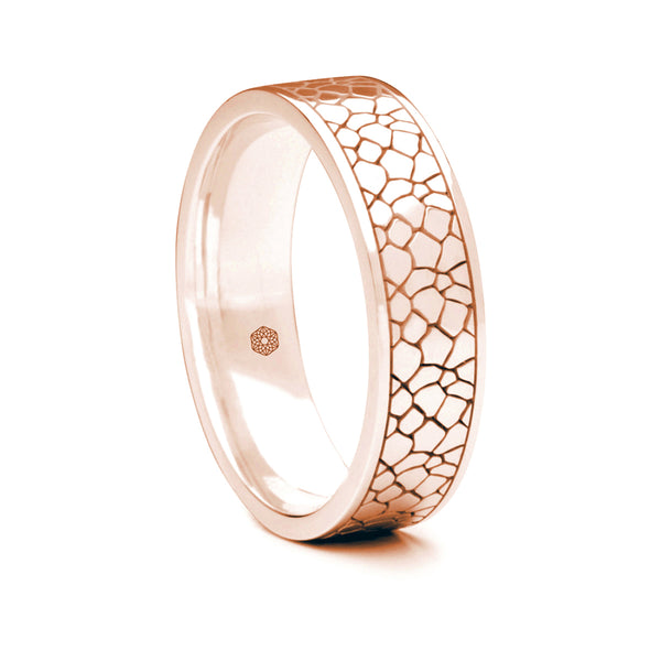 Mens 18ct Rose Gold Flat Court Shape Wedding Ring With Crackle Pattern