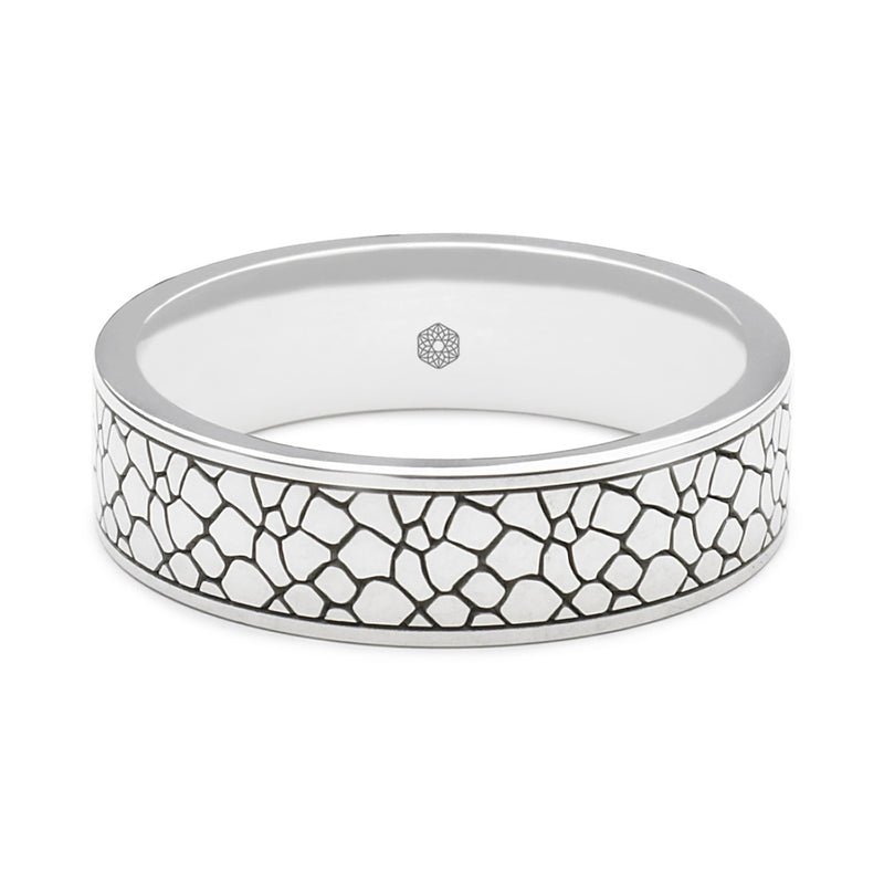 Horizontal Shot of Mens 18ct White Gold Flat Court Shape Wedding Ring With Crackle Pattern