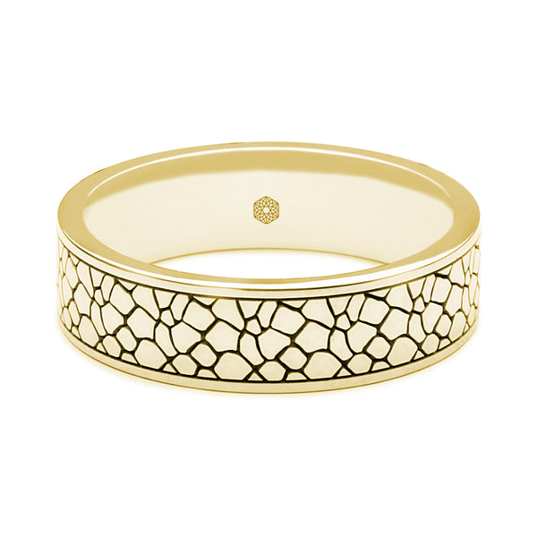 Horizontal Shot of Mens 18ct Yellow Gold Flat Court ShapeRing With Crackle Pattern