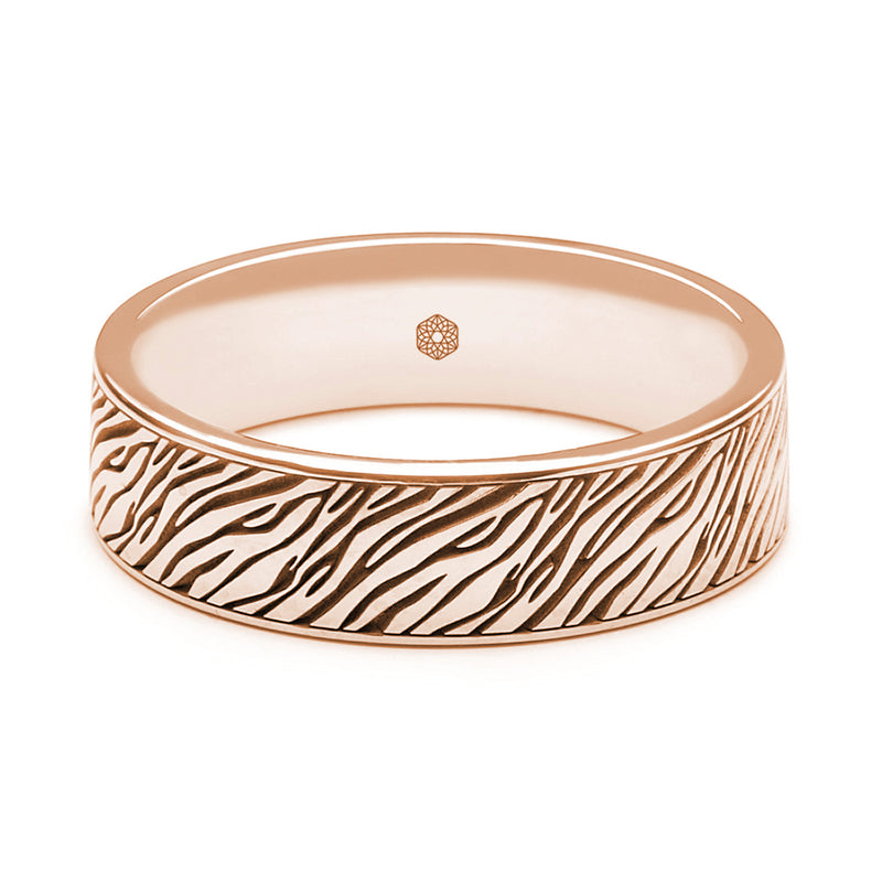 Horizontal Shot of Mens 9ct Rose Gold Flat Court Wedding Ring with Zebra Pattern