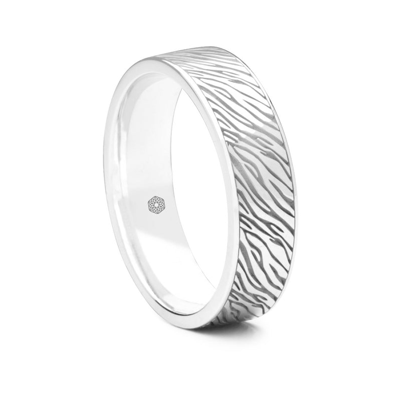 Mens 9ct White Gold Flat Court Wedding Ring with Zebra Pattern