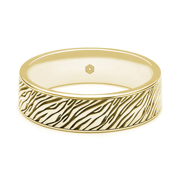 Horizontal Shot of Mens 9ct Yellow Gold Flat Court Wedding Ring with Zebra Pattern