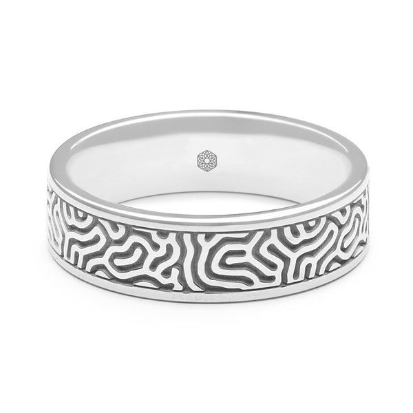 Horizontal Shot of Mens 9ct White Gold Flat Court Wedding Ring with Maze Pattern