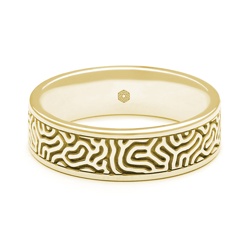 Horizontal Shot of Mens 9ct Yellow Gold Flat Court Wedding Ring with Maze Pattern