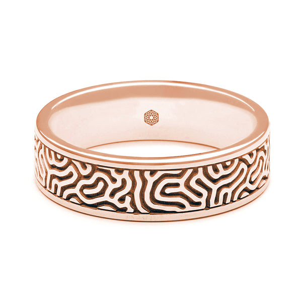 Horizontal Shot of Mens 18ct Rose Gold Flat Court Wedding Ring with Maze Pattern