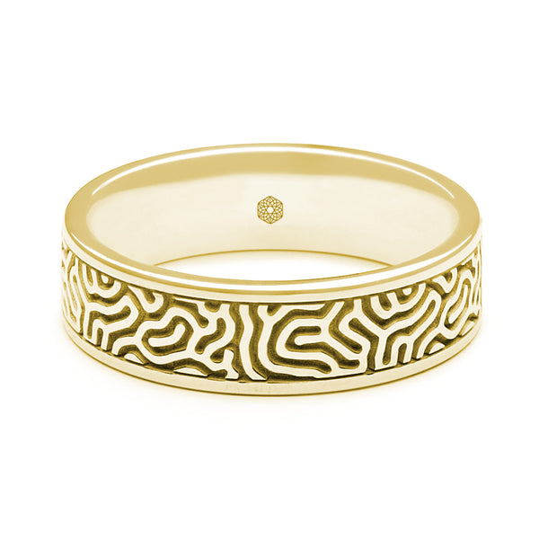 Horizontal Shot of Mens 18ct Yellow Gold Flat Court Ring with Maze Pattern