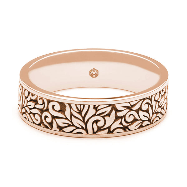 Horizontal Shot of Mens 9ct Rose Gold Flat Court Wedding Ring With Leaf Pattern