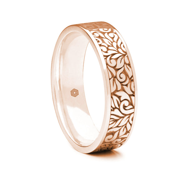 Mens 9ct Rose Gold Flat Court Wedding Ring With Leaf Pattern