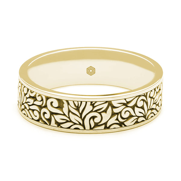Horizontal Shot of Mens 9ct Yellow Gold Flat Court Wedding Ring With Leaf Pattern