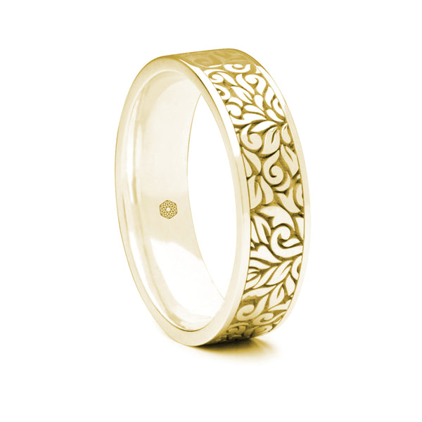 Mens 9ct Yellow Gold Flat Court Wedding Ring With Leaf Pattern