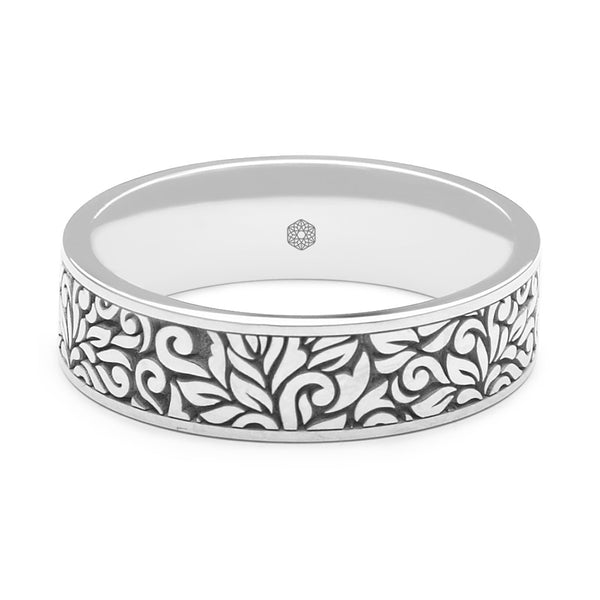 Horizontal Shot of Mens Palladium 500 Flat Court Wedding Ring With Leaf Pattern