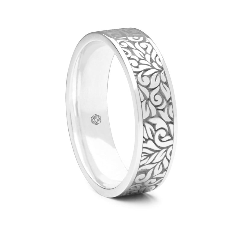 Mens 18ct White Gold Flat Court Wedding Ring With Leaf Pattern