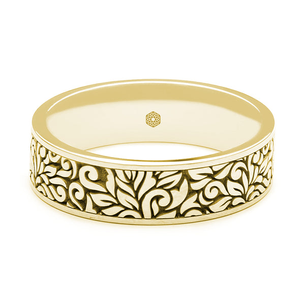 Horizontal Shot of Mens 18ct Yellow Gold Flat Court Ring With Leaf Pattern