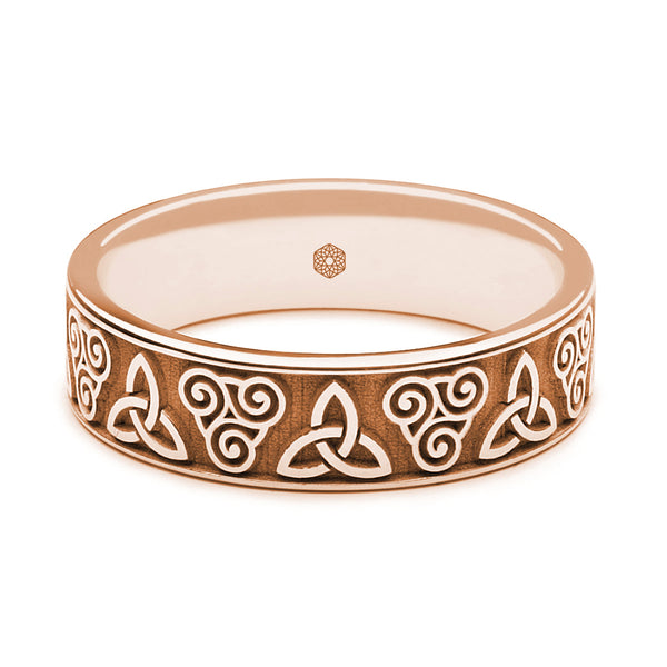 Horizontal Shot of Mens 9ct Rose Gold Flat Court Wedding Ring With Double Celtic Pattern