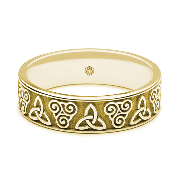 Horizontal Shot of Mens 9ct Yellow Gold Flat Court Wedding Ring With Double Celtic Pattern