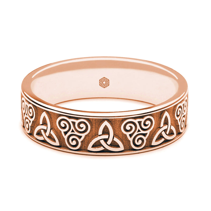 Horizontal Shot of Mens 18ct Rose Gold Flat Court Wedding Ring With Double Celtic Pattern