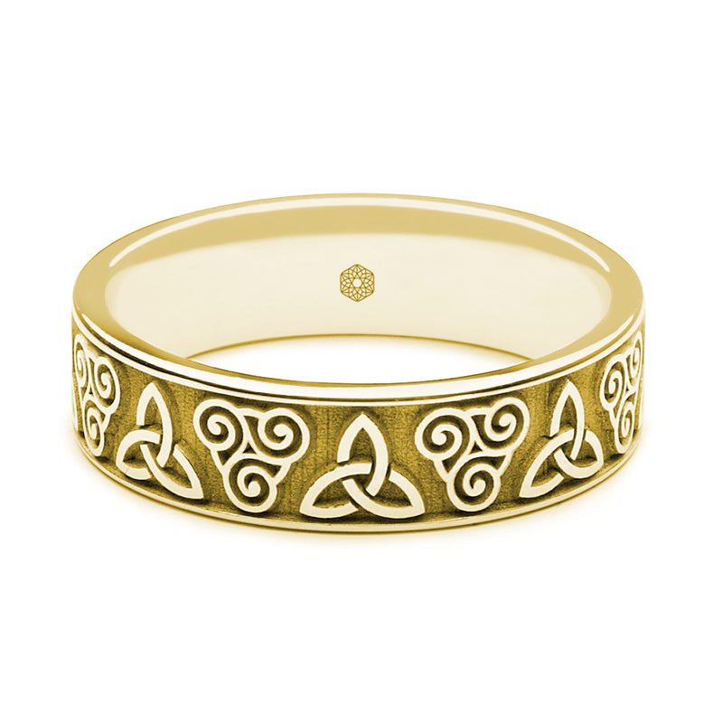 Horizontal Shot of Mens 18ct Yellow Gold Flat Court Ring With Double Celtic Pattern