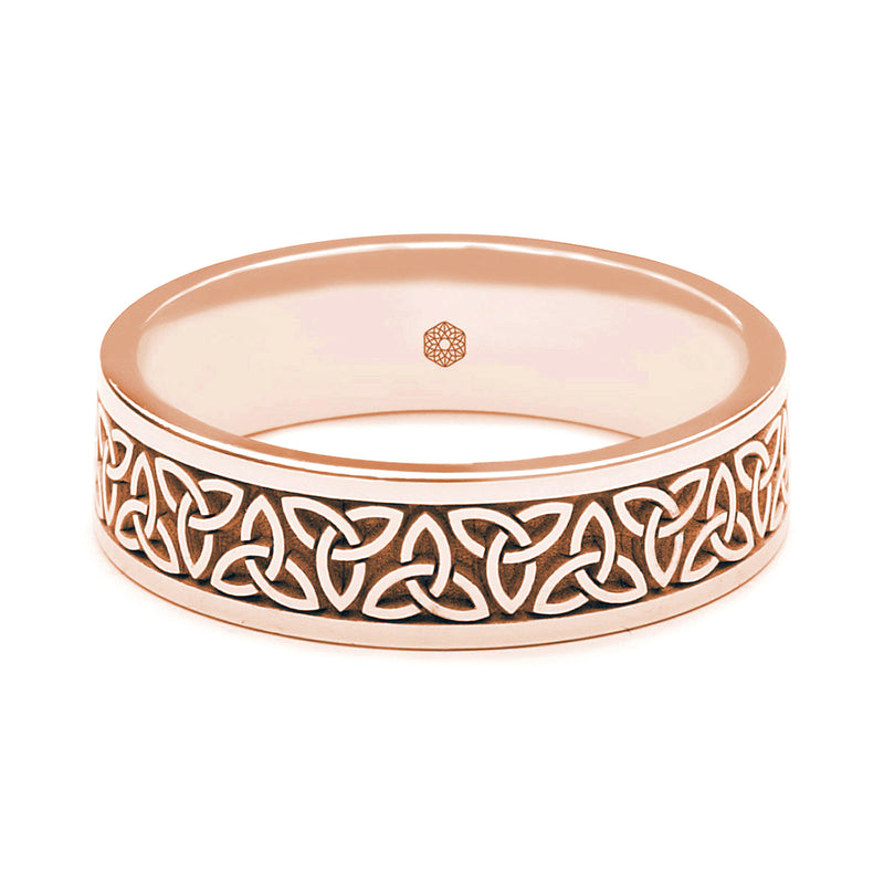 Horizontal Shot of Mens 18ct Rose Gold Flat Court Wedding Ring With Trinity Knots