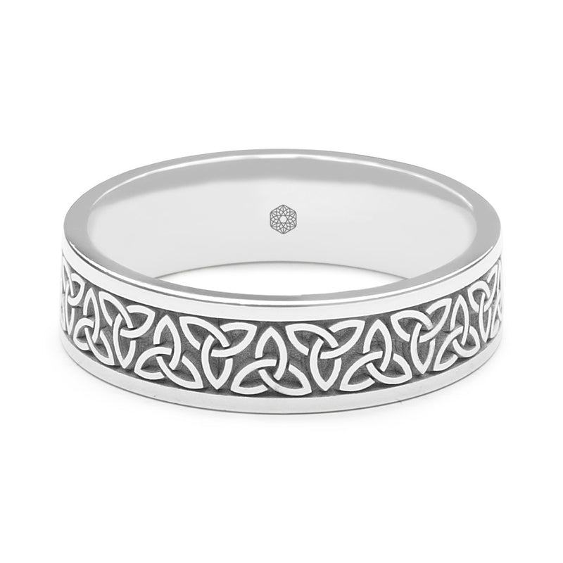 Horizontal Shot of Mens 18ct White Gold Flat Court Wedding Ring With Trinity Knots
