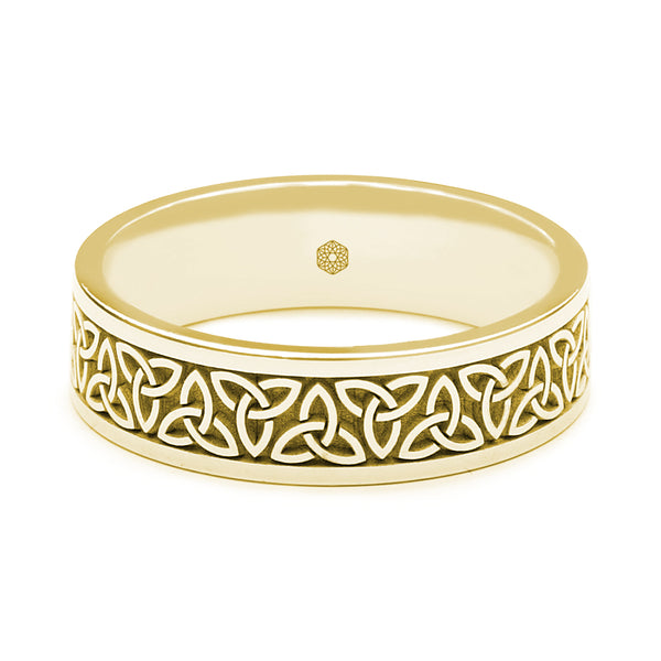 Horizontal Shot of Mens 18ct Yellow Gold Flat Court Ring With Trinity Knots